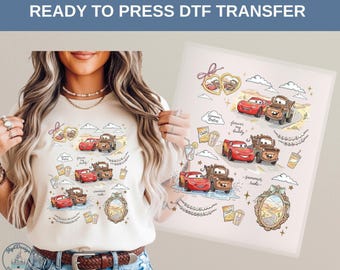 Transfert thermique Lightning McQueen Mater DTF, Personnages de dessins animés de voitures Disney, Style road trip Meilleurs amis, Ambiance amusante pour les vacances d'été