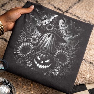 Halloween Ghost DTF Transfer, Witch Hat Ghost With Pumpkin And Sunflowers, Ready To Press Heat Transfer, Spooky Autumn Print Gift