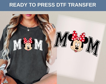 Disney Minnie Mouse Mom DTF Heat Transfer, Red Polka Dot Bow Cute Mama Outfit, Minimal Cartoon Mothers Day Birthday Gift Idea, Disney Tee