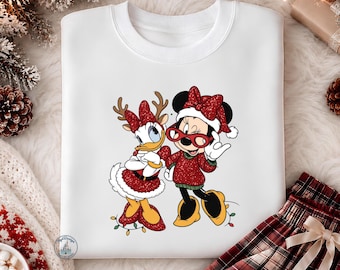 Disney Minnie Daisy Christmas DTF Transfer, Minnie Mouse, Daisy Duck, Santa Hat, Reindeer Antlers, Holiday Print, Xmas Gift, Ready to Press!