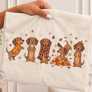 May include: A cream-colored t-shirt featuring a graphic print of five brown dachshunds in autumn-themed attire. The dogs are depicted wearing a pumpkin-patterned sweater, holding a coffee cup, wearing a plaid scarf, playing in leaves, and wearing an acorn hat.