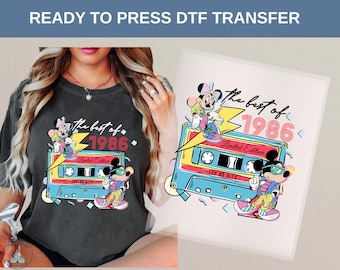 Transfert à chaud Disney Mickey Minnie 1986 DTF, cassette rétro des années 80, idée cadeau pour les vacances sur le thème musical de Mickey et ses amis, t-shirt Disney