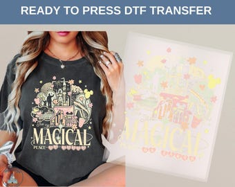 Transfert de chaleur DTF Disney Magical World, château monorail Mickey ballon feux d'artifice vintage parc à thème chemise design cadeau voyage en famille, t-shirt Disney