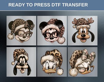Disney Winter Characters DTF Transfer, Mickey Minnie Goofy Donald Daisy, Leopard Santa Hat, Christmas Iron On, Holiday Gifts, Festive Season
