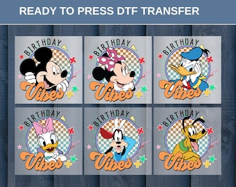 Transfert à chaud Disney Friends DTF, impression de chemise de dessin animé Mickey Minnie Donald Daisy Dingo Pluto cercle rétro, style vintage coloré, t-shirt Disney