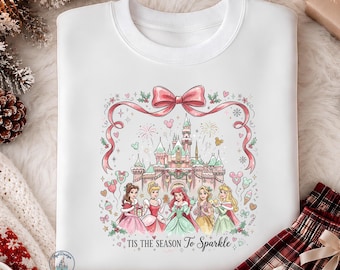 Disney Princess Christmas DTF Transfer, Belle Cinderella Ariel Rapunzel Aurora, Bow Castle, Tis the Season, Xmas Gift, Holiday Heat Transfer
