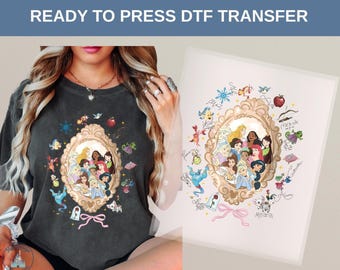Transfert thermique DTF Princesses Disney, Cendrillon Ariel Belle Jasmine Tiana Aurora Elsa Raiponce cadeau chemise de conte de fées cadre vintage, T-shirt Disney