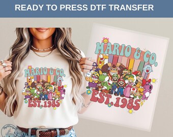 Mario & Co 1985 DTF Heat Transfer,Retro Nintendo Characters Family Trip Shirt, Luigi Peach Yoshi Matching Tee for Vacation Outfit,Disney Tee