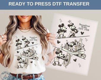 vintage Mickey Mouse DTF transfert de chaleur, bateau à vapeur Willie dessin animé classique, idée cadeau chemise rétro Disney personnage ancien, t-shirt Disney