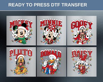 May include: A set of six ready to press DTF transfers featuring Disney characters Mickey, Minnie, Goofy, Pluto, Donald, and Daisy. Each character wears a Santa hat and is surrounded by colorful Christmas lights and red text names.
