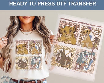 Transfert thermique DTF Le Roi Lion, personnages Simba Nala Rafiki Timon Pumbaa, style tribal safari, cadeau pour la famille Disney, impression de dessin animé mignon