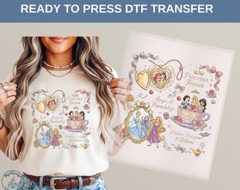Disney Princesses Forever DTF Heat Transfer, Belle Ariel Cinderella Rapunzel Snow White Jasmine Tee, Princess Friendship Girls Disney Shirt