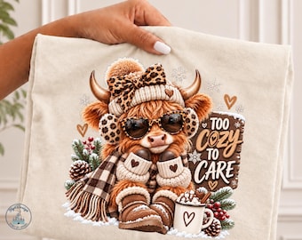 May include: A beige t-shirt featuring a graphic of a fluffy highland cow wearing a leopard print bow, earmuffs, and sunglasses. The cow wears a scarf, mittens, and boots, with a mug of cocoa and the text TOO COZY TO CARE on a wooden sign.