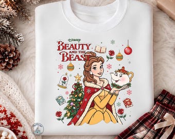 Disney Belle Mrs Potts Christmas DTF Transfer, Beauty and the Beast, Holiday Rose, Christmas Tree, Ornament Print, Xmas Gift, Ready to Press