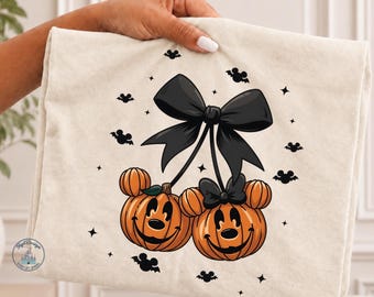 Disney Mickey Minnie Pumpkin DTF Transfer, Halloween Bow Pumpkin Couple, Spooky Fall Decor, Cute Trick Or Treat Gift Print Art, Disney Tee