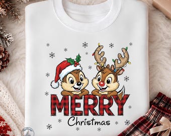 Disney Chip & Dale Christmas DTF Transfer, Merry Christmas Chipmunk Duo, Santa Hat, Reindeer Antlers, Holiday Gift, Ready to Press Transfer!