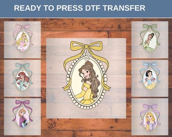 Cadre ovale Princesse Disney transfert à chaud DTF, chemise blanche neige Elsa Anna Ariel Belle Cendrillon Raiponce jasmin prête à presser, voyage Disney