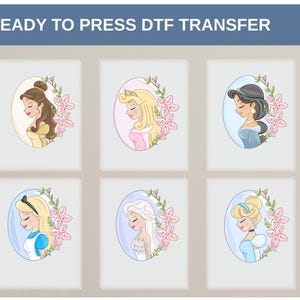 May include: Six DTF transfer sheets featuring cartoon illustrations of princesses. Each princess is framed in an oval with a floral wreath. The text "READY TO PRESS DTF TRANSFER" is at the top of the image.