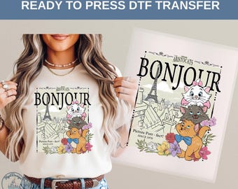 Disney Aristocats Bonjour DTF Heat Transfer, Marie Toulouse Berlioz Paris Eiffel Tower Vintage Family Trip Matching Outfit Design,Disney Tee
