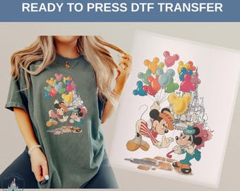Mickey Minnie Balloon DTF Transfer, Vintage Disney Couple Castle Theme, Romantic Park Outfit Idea, Cute Matching Gift Design, Disney Tee