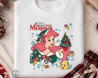 Disney Ariel Flounder Christmas DTF Transfer, Little Mermaid Holiday Art, Santa Hat Ariel, Under the Sea Xmas Gift, Ready to Press Transfer!