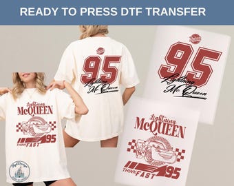 Lightning McQueen DTF Heat Transfer Disney Cars Racing 95 Front Back Design Think Fast Race Track Birthday Park Vacation Shirt Gift