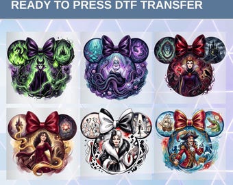 May include: Six ready to press DTF transfers featuring stylized character illustrations arranged in a Mickey Mouse ear shape with a large bow. The designs include Maleficent, Ursula, the Evil Queen, Mother Gothel, Cruella de Vil, and Captain Hook.