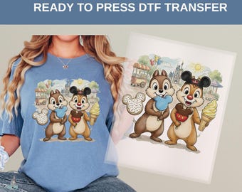 Disney Chip and Dale Snack Time DTF Transfer, Cute Cartoon Ice Cream Cookie Park Shirt, Magic Kingdom Vacation Gift Tee for Kids Women