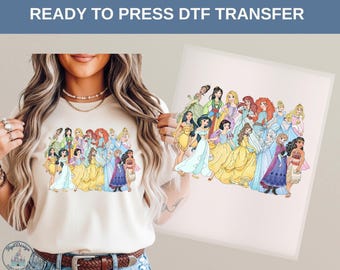 Disney Princess Characters DTF Transfer, Belle Ariel Rapunzel Elsa Anna Moana Cinderella Snow White Jasmine Princess Cartoon Shirt Print