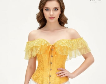 Top corsé victoriano de estilo vintage para mujer con volantes de encaje sobre el busto.