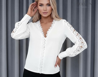 Elegant White Lace Blouse For Women V-Neck Casual Top With Lantern Sleeves