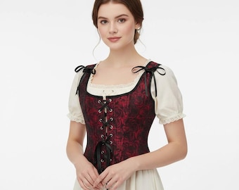 Corsé de mujer estilo vintage rojo con estampado floral, estilo gótico, con cordones, sobre el busto.