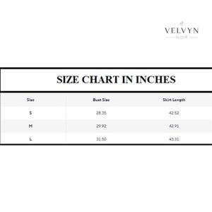 May include: A size chart in inches for clothing, with bust and skirt length measurements. Sizes include S, M, and L, with corresponding bust sizes of 28.35, 29.92, and 31.50 inches, and skirt lengths of 42.52, 42.91, and 43.31 inches.