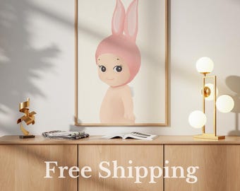 Pink Rabbit Sonny Angel Wall Art, Crayon Hand-Made Rolled Poster, Bunny Angel Print | Kawaii Bunny Illustration, Pastel Wall Art, Room Decor