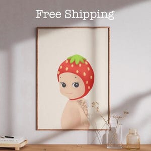 Strawberry Sonny Angel Wall Art, Free Shipping, Crayon Hand-Made Rolled Poster, Fruit Sonny Angel Print | Illustration, Pastel, Room Decor image 1