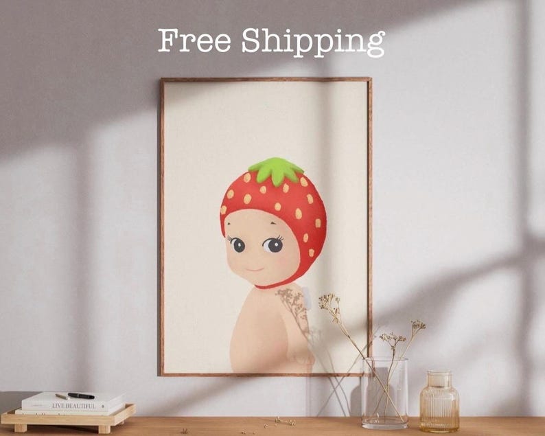 Strawberry Sonny Angel Wall Art, Free Shipping, Crayon Hand-Made Rolled Poster, Fruit Sonny Angel Print | Illustration, Pastel, Room Decor image 1