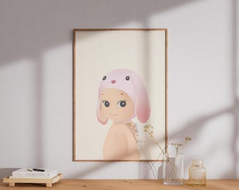 Lop Ear Rabbit Sonny Angel Poster, Cute Bunny Wall Art Print, Kawaii Nursery Decor, Collectible Doll Illustration, Aesthetic Room Decor