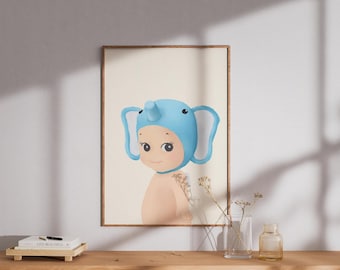 Blue Elephant Sonny Angel Poster | Rolled Wall Art Print, Cute Kawaii Nursery Decor, Hand Illustrated Artwork