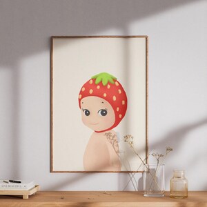 Strawberry Sonny Angel Wall Art, Free Shipping, Crayon Hand-Made Rolled Poster, Fruit Sonny Angel Print | Illustration, Pastel, Room Decor image 7