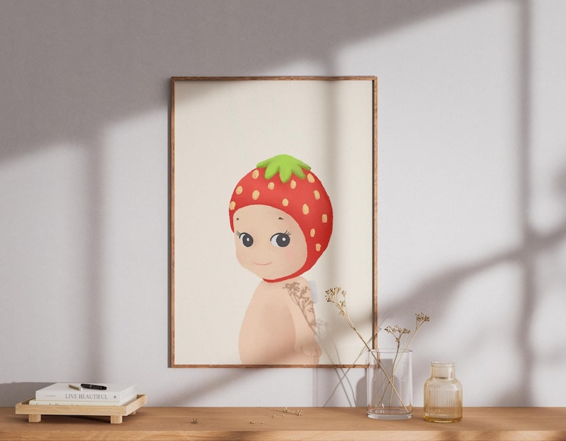 Strawberry Sonny Angel Wall Art, Free Shipping, Crayon Hand-Made Rolled Poster, Fruit Sonny Angel Print | Illustration, Pastel, Room Decor image 7