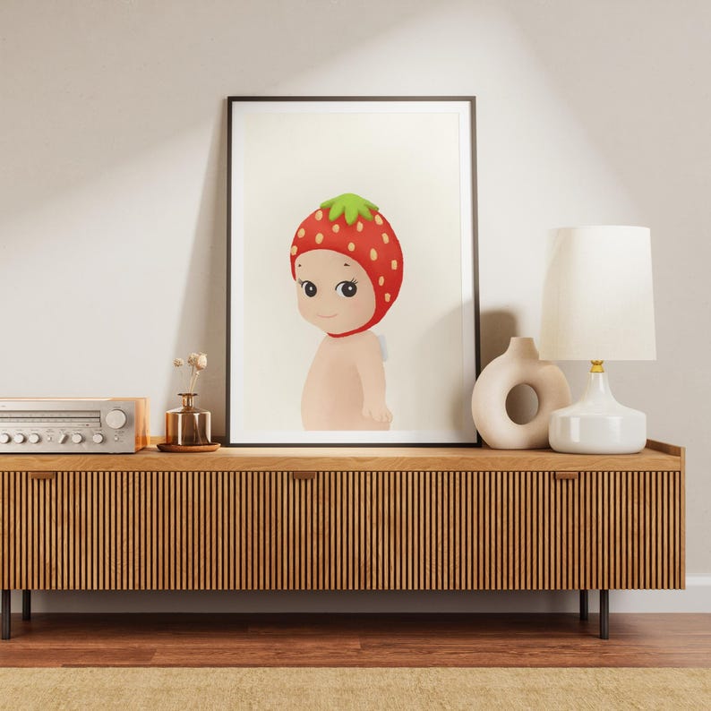 Strawberry Sonny Angel Wall Art, Free Shipping, Crayon Hand-Made Rolled Poster, Fruit Sonny Angel Print | Illustration, Pastel, Room Decor image 3