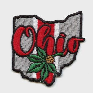 Op de afbeelding: Geborduurde patch in de vorm van Ohio, met het woord "Ohio" in rood script. De achtergrond heeft grijze en witte strepen met een groene en gouden bloem. De patch heeft een zwarte rand.