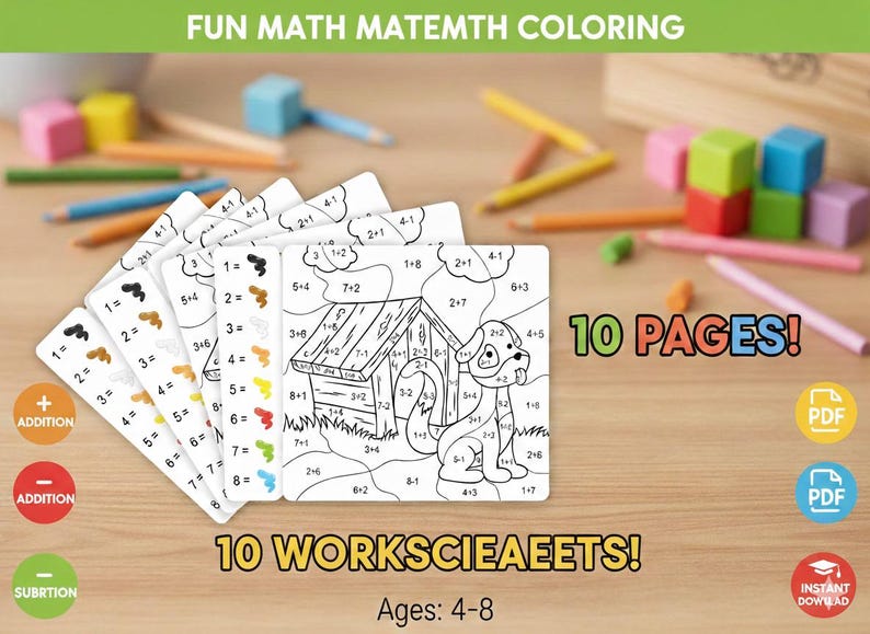 Color by Number Math Worksheets, Addition Subtraction, Ages 4-8 ...