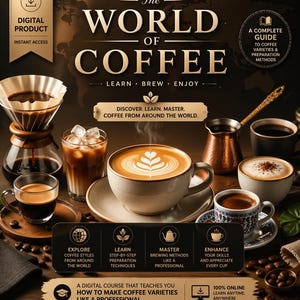 Peut inclure: Image promotionnelle pour un cours de café numérique. L'image présente diverses boissons au café, notamment des lattes et des expressos, ainsi que du matériel de préparation. Le texte comprend "Le Monde du Café" et "Apprendre, Brasser, Apprécier". Le cours promet d'enseigner les variétés de café et les méthodes de préparation.