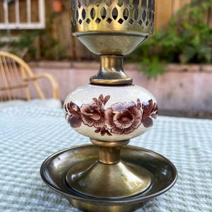 Vintage Brass & Floral Ceramic Candle Holder