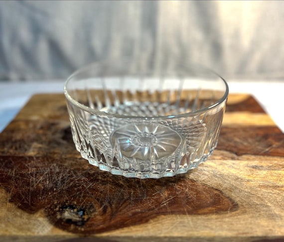 Vintage Mid Century Pressed Glass Bowl | Diamond Point Clear Glass Dish | Starburst Base