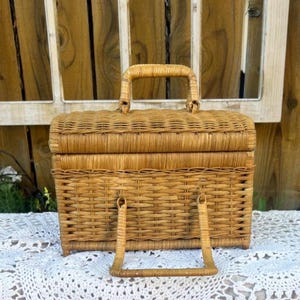 Vintage Wicker Picnic Basket Purse, Handwoven Rattan Box Bag, Cottagecore Handbag (10x9)