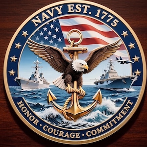 May include: A round Navy emblem with a gold border, featuring an American flag, an eagle perched on a gold anchor, and two warships. The text "NAVY EST. 1775" and "HONOR • COURAGE • COMMITMENT" are displayed.