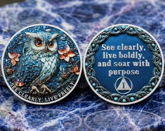 Custom Roman Numeral Recovery Coin, Double-Sided Owl Medallion, "See Clearly, Live Boldly", Personalized Sobriety Gift, AA Anniversary Token