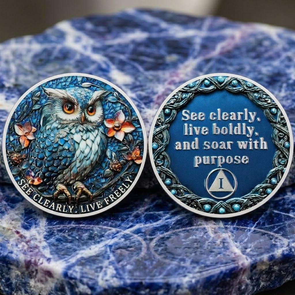 Custom Roman Numeral Recovery Coin, Double-Sided Owl Medallion, "See Clearly, Live Boldly"